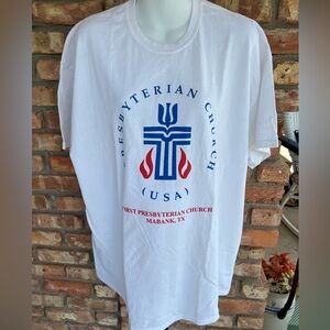 Gildan 100% cotton size 2x white Tshirt w/ Presbyterian Church emblem.